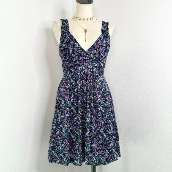 Y2k Dark Floral Deep V-Neck Bubble Hem Sun Mini Dress with Waist Tie - Picture 1 of 8